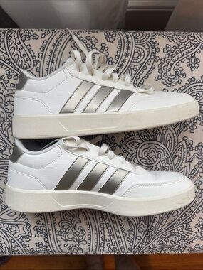 adidas White Sneakers with Metallic Silver Stripes